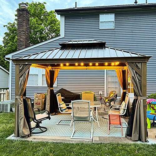 10' x 12' Hardtop Gazebo Outdoor Aluminum Wood Grain Gazebos with Galvanized Steel Double Canopy for Patios Deck Backyard,Curtains&Netting by domi outdoor living