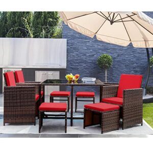 gunji 9 pieces patio dining sets outdoor table and chairs patio dining table set with space saving rattan chairs patio furniture sets cushioned seating and back (red)