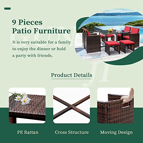 GUNJI 9 Pieces Patio Dining Sets Outdoor Table and Chairs Patio Dining Table Set with Space Saving Rattan Chairs Patio Furniture Sets Cushioned Seating and Back (Red)