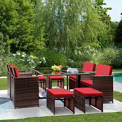 GUNJI 9 Pieces Patio Dining Sets Outdoor Table and Chairs Patio Dining Table Set with Space Saving Rattan Chairs Patio Furniture Sets Cushioned Seating and Back (Red)