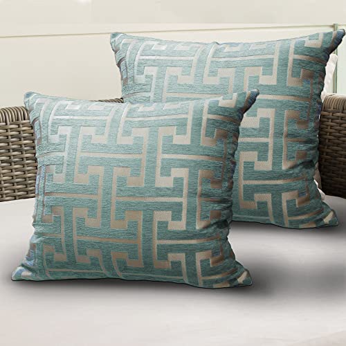 moonysweet Turquoise Blue Farmhouse Throw Pillow Covers Golden Chenille Geometric Decorative Pillow Covers 18 x 18 Set of 2 Cushion Covers for Living Room Decor Outdoor Patio