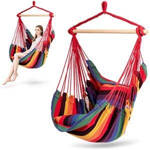 tangkula hanging hammock chair, hanging swing chair with 2 pillows, wood support bar, handmade cotton rope hanging seat for indoor outdoor, ideal for bedroom, patio, yard, garden