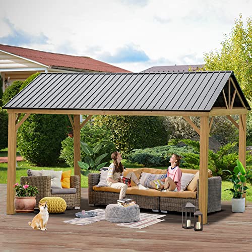 12' x 14' Hardtop Gazebo Outdoor Aluminum Gazebo with Galvanized Steel Gable Canopy for Patio Decks Backyard by domi outdoor living (Wood Looking)