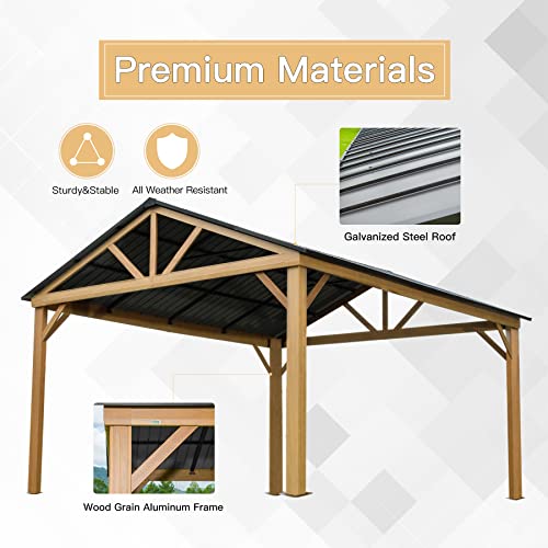 12' x 14' Hardtop Gazebo Outdoor Aluminum Gazebo with Galvanized Steel Gable Canopy for Patio Decks Backyard by domi outdoor living (Wood Looking)