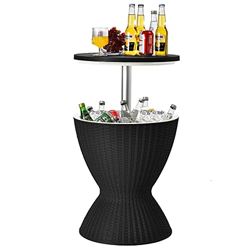 Tangkula Outdoor Cool Bar Table, Rattan Style Patio 8 Gallon Beer and Wine Cooler, All-Weather Ice Bucket w/Height Adjustable Top, Drainage Plug, 3-in-1 Cocktail Coffee Table for Party, Picnic (Black)