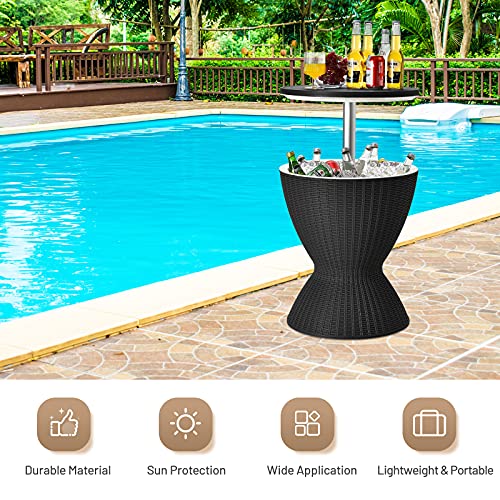 Tangkula Outdoor Cool Bar Table, Rattan Style Patio 8 Gallon Beer and Wine Cooler, All-Weather Ice Bucket w/Height Adjustable Top, Drainage Plug, 3-in-1 Cocktail Coffee Table for Party, Picnic (Black)