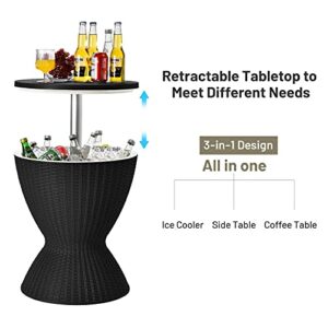 Tangkula Outdoor Cool Bar Table, Rattan Style Patio 8 Gallon Beer and Wine Cooler, All-Weather Ice Bucket w/Height Adjustable Top, Drainage Plug, 3-in-1 Cocktail Coffee Table for Party, Picnic (Black)