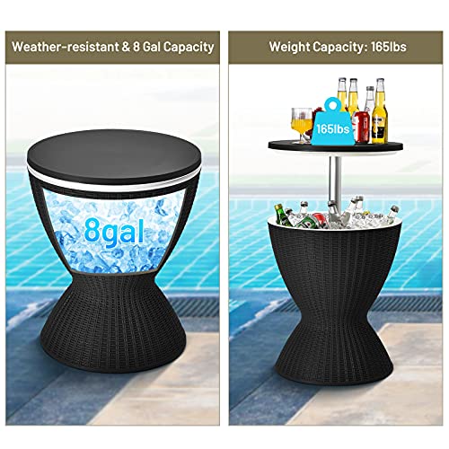 Tangkula Outdoor Cool Bar Table, Rattan Style Patio 8 Gallon Beer and Wine Cooler, All-Weather Ice Bucket w/Height Adjustable Top, Drainage Plug, 3-in-1 Cocktail Coffee Table for Party, Picnic (Black)