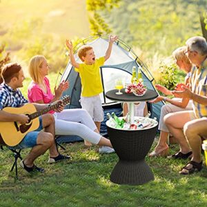 Tangkula Outdoor Cool Bar Table, Rattan Style Patio 8 Gallon Beer and Wine Cooler, All-Weather Ice Bucket w/Height Adjustable Top, Drainage Plug, 3-in-1 Cocktail Coffee Table for Party, Picnic (Black)