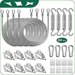 sun shade sail hardware kit 6 inch – 84pcs set stainless steel sun sail hardware kit mounting accessories with 48 ft (12 ft x 4) vinyl coated stainless steel wire cable ropes for deck railing