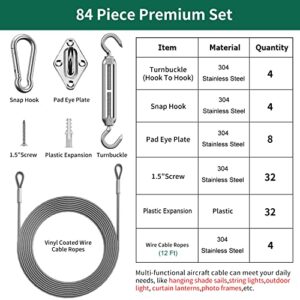 Sun Shade Sail Hardware Kit 6 Inch - 84pcs Set Stainless Steel Sun Sail Hardware Kit Mounting Accessories with 48 Ft (12 Ft x 4) Vinyl Coated Stainless Steel Wire Cable Ropes for Deck Railing