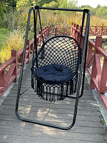 YUCAN Hammock Chair Stand with Backrest Hanging Chair Included, Extended Macrame Hanging Cotton Rope Chair with a Pillow for Indoor and Outdoor(Black), Large size