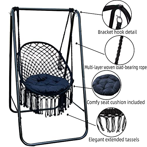 YUCAN Hammock Chair Stand with Backrest Hanging Chair Included, Extended Macrame Hanging Cotton Rope Chair with a Pillow for Indoor and Outdoor(Black), Large size