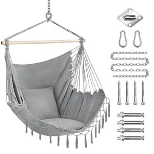 purekea oversized hammock chair with hanging hardware kit, swing chair for indoor & outdoor, max 330 lbs, include carry bag & two soft seat cushions (light grey)