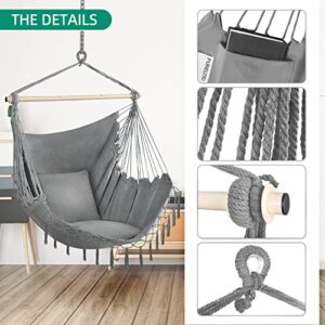 PUREKEA Oversized Hammock Chair with Hanging Hardware Kit, Swing Chair for Indoor & Outdoor, Max 330 Lbs, Include Carry Bag & Two Soft Seat Cushions (Light Grey)