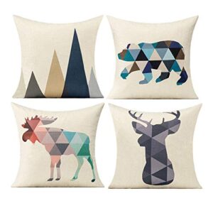 All Smiles Outdoor Summer Throw Pillow Covers for Outside Porch Patio Furnitures Decorative Animals Mountains Scene Bear Deer Cushion 18"X18" Decor Set of 4 for Couch Sofa