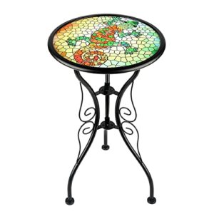 yardsbee gecko outdoor side table,mosaic patio side table,12 inch accent round side table,plant table with tile top,samll metal glass end table for garden porch patio home