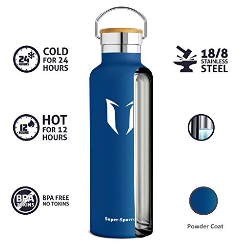 Super Sparrow Water Bottle Double Wall Vacuum Insulated Stainless Steel - 1000ml - Standard Mouth - Leak Proof Sports Bottle - Non-Toxic BPA Free - 2 Lids + Bottle Pouch