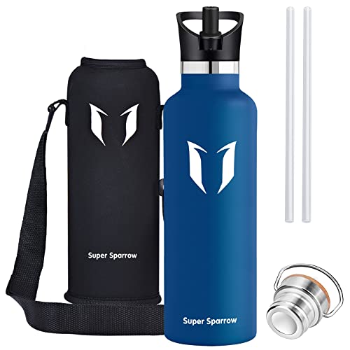 Super Sparrow Water Bottle Double Wall Vacuum Insulated Stainless Steel - 1000ml - Standard Mouth - Leak Proof Sports Bottle - Non-Toxic BPA Free - 2 Lids + Bottle Pouch