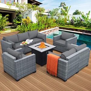 valita patio rattan furniture set with gas fire pit table,5-piece all weather gray outdoor pe wicker resin chairs and couch,sectional conversation sofa set with gray cushions