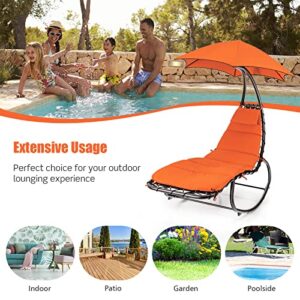 Tangkula Hanging Chaise Lounge Chair, Rocking Hammock Swing Chair with Cushion, Built-in Pillow, Removable Canopy, Outdoor Hanging Curved Chaise Lounger for Poolside, Backyard, Garden (Orange)