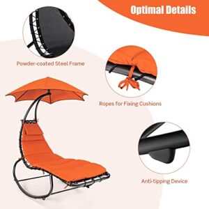 Tangkula Hanging Chaise Lounge Chair, Rocking Hammock Swing Chair with Cushion, Built-in Pillow, Removable Canopy, Outdoor Hanging Curved Chaise Lounger for Poolside, Backyard, Garden (Orange)