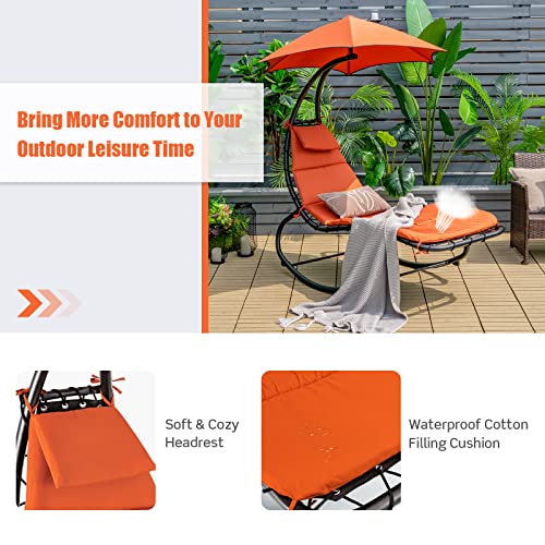 Tangkula Hanging Chaise Lounge Chair, Rocking Hammock Swing Chair with Cushion, Built-in Pillow, Removable Canopy, Outdoor Hanging Curved Chaise Lounger for Poolside, Backyard, Garden (Orange)