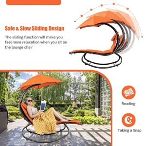 Tangkula Hanging Chaise Lounge Chair, Rocking Hammock Swing Chair with Cushion, Built-in Pillow, Removable Canopy, Outdoor Hanging Curved Chaise Lounger for Poolside, Backyard, Garden (Orange)