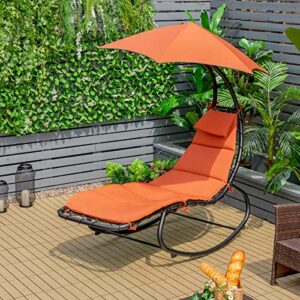 Tangkula Hanging Chaise Lounge Chair, Rocking Hammock Swing Chair with Cushion, Built-in Pillow, Removable Canopy, Outdoor Hanging Curved Chaise Lounger for Poolside, Backyard, Garden (Orange)