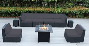 ohana depot outdoor patio wicker furniture 9 pc sectional set with 50,000 btu gas fire pit table – no assembly with free patio cover (gray cover)