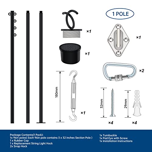 2 Pack 96inch Shade Sail Poles, Heavy Duty Sun Shade Poles - with Adjustable Turnbuckle for Shade Sail Canopy, Steel Post Stand w/Hooks for Outdoor String Light, Patio, Backyard