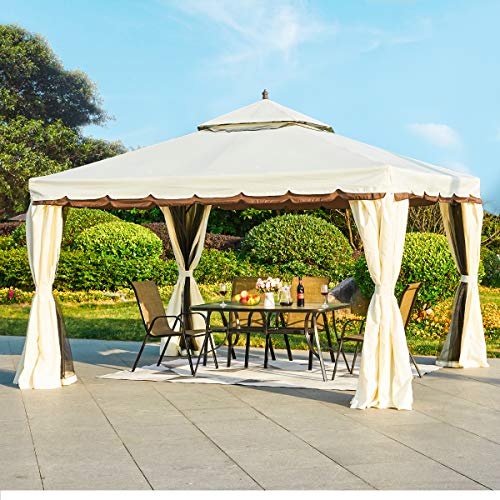 MELLCOM 10’ x 12’ Outdoor Gazebo Canopy, Aluminum Frame Soft Top Outdoor Patio Gazebo with Polyester Curtains and Air Venting Screens Cream