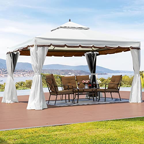 MELLCOM 10’ x 12’ Outdoor Gazebo Canopy, Aluminum Frame Soft Top Outdoor Patio Gazebo with Polyester Curtains and Air Venting Screens Cream