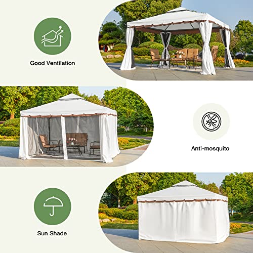 MELLCOM 10’ x 12’ Outdoor Gazebo Canopy, Aluminum Frame Soft Top Outdoor Patio Gazebo with Polyester Curtains and Air Venting Screens Cream