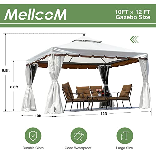 MELLCOM 10’ x 12’ Outdoor Gazebo Canopy, Aluminum Frame Soft Top Outdoor Patio Gazebo with Polyester Curtains and Air Venting Screens Cream