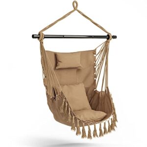 giantex hanging chair hammock swing chair – with sturdy steel hanging bar, comfortable headrest pillow, 2 cushions, pocket macrame swing chair for bedroom, living room, max 330 lbs swing seat (beige)