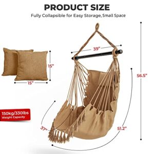 Giantex Hanging Chair Hammock Swing Chair - with Sturdy Steel Hanging Bar, Comfortable Headrest Pillow, 2 Cushions, Pocket Macrame Swing Chair for Bedroom, Living Room, Max 330 Lbs Swing Seat (Beige)