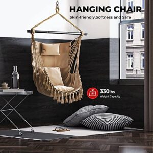 Giantex Hanging Chair Hammock Swing Chair - with Sturdy Steel Hanging Bar, Comfortable Headrest Pillow, 2 Cushions, Pocket Macrame Swing Chair for Bedroom, Living Room, Max 330 Lbs Swing Seat (Beige)