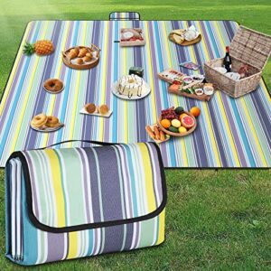 GUSUWU Picnic Blanket Waterproof Beach Rug 79''x79'' Picnic Mat Washable Lightweight with Handle Blue Vertical Stripes Suitable for Hiking Travel Outdoor Camping, Park