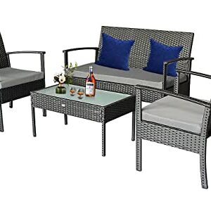 StellaHome Rattan Patio Outdoor Furniture Sets 4 Pieces Wicker Chairs Loveseats with Extra Cushion Covers for Replacement (Black Wicker/Grey&Beige Cushions)