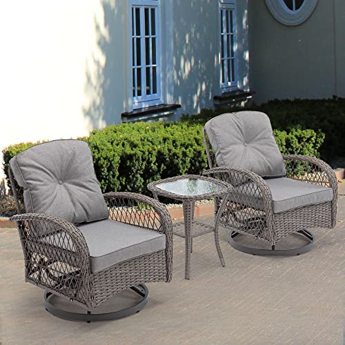 HOMEFUN Outdoor Swivel Rocker Patio Chairs, 3 Pieces Patio Bistro Set Wicker Furniture Set 360 Degree Swivel Chairs with Cushions and Coffee Table