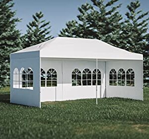 LEISURELIFE Outdoor Pop Up 10'x20' Canopy Tent with Sidewall - Folding Commercial Gazebo Party Tent Blue Red White with Wheeled Carry Bag (4 Sidewalls, White)