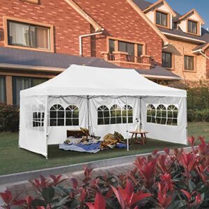 LEISURELIFE Outdoor Pop Up 10'x20' Canopy Tent with Sidewall - Folding Commercial Gazebo Party Tent Blue Red White with Wheeled Carry Bag (4 Sidewalls, White)