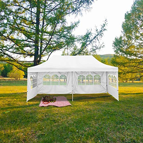 LEISURELIFE Outdoor Pop Up 10'x20' Canopy Tent with Sidewall - Folding Commercial Gazebo Party Tent Blue Red White with Wheeled Carry Bag (4 Sidewalls, White)