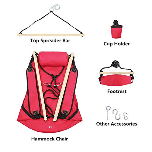 ONCLOUD Hammock Chair Hanging Swing Seat Air Deluxe Rope Through Beech Wood Bars, Drink Holder & Fuller Pillow Safer Relax for Indoor Outdoor 250Lbs, Red