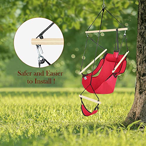 ONCLOUD Hammock Chair Hanging Swing Seat Air Deluxe Rope Through Beech Wood Bars, Drink Holder & Fuller Pillow Safer Relax for Indoor Outdoor 250Lbs, Red