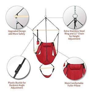 ONCLOUD Hammock Chair Hanging Swing Seat Air Deluxe Rope Through Beech Wood Bars, Drink Holder & Fuller Pillow Safer Relax for Indoor Outdoor 250Lbs, Red