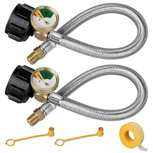 2 pack 1/4 npt rv propane pigtail hose 12 inch with tank gauge, stainless steel braided propane tank hose connector for grill, propane adapter hose for qcc standard two stage regulator