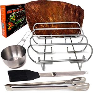 large rib rack for smoking – bbq rib rack gas charcoal smoker – grilling accessories – 304 stainless steel roasting stand with tongs, basting brush sauce pan – non stick grill rack – barbecue rib rack holds 5 slab