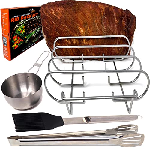 Large Rib Rack for Smoking - BBQ Rib Rack Gas Charcoal Smoker - Grilling Accessories - 304 Stainless Steel Roasting Stand With Tongs, Basting Brush Sauce Pan - Non Stick Grill Rack - Barbecue Rib Rack Holds 5 slab